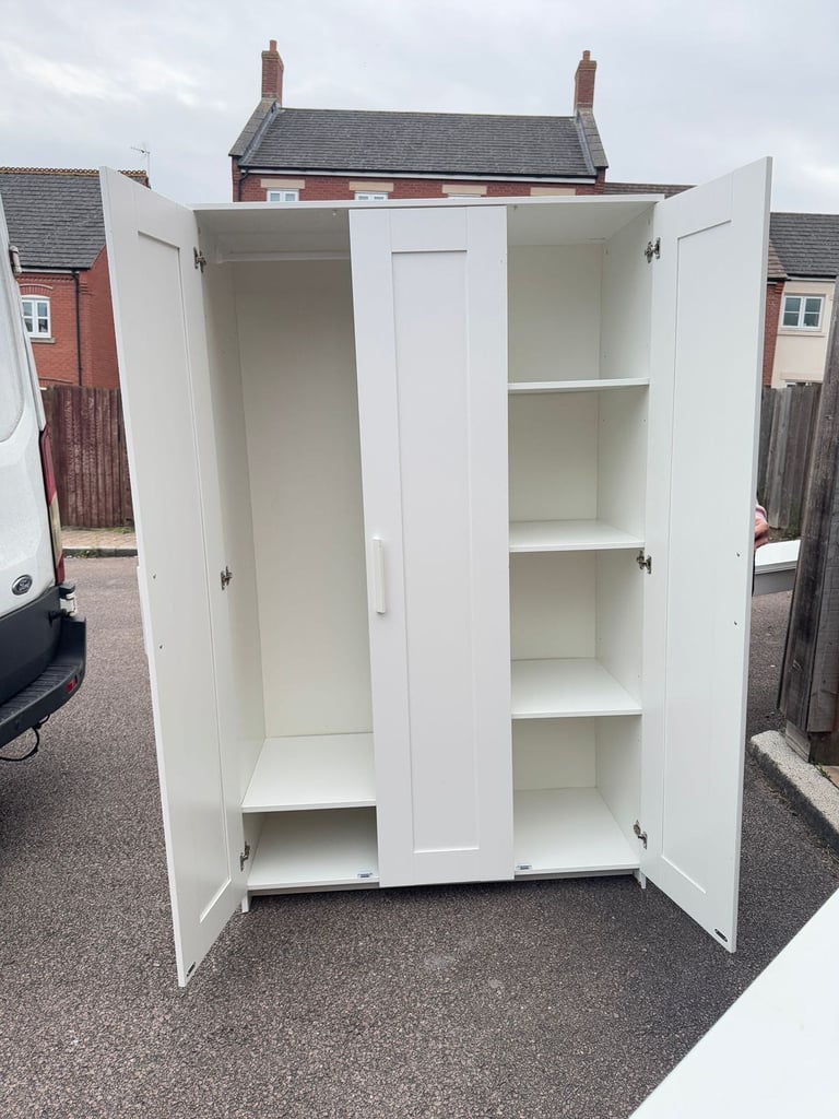 IKEA BRIMNES 3-Door Wardrobe with Hanging Rail and Shelves.