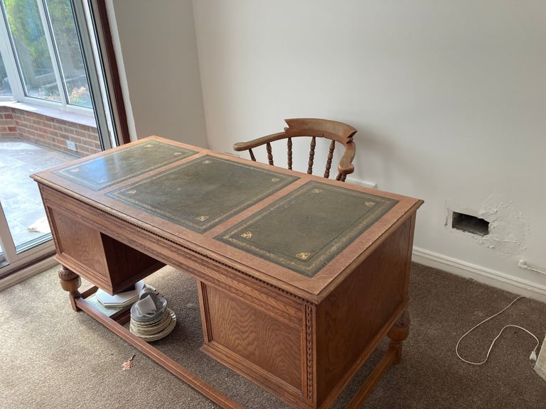 Oak bureau with carved design leather inlay - comes with "Captain'" chair £300
