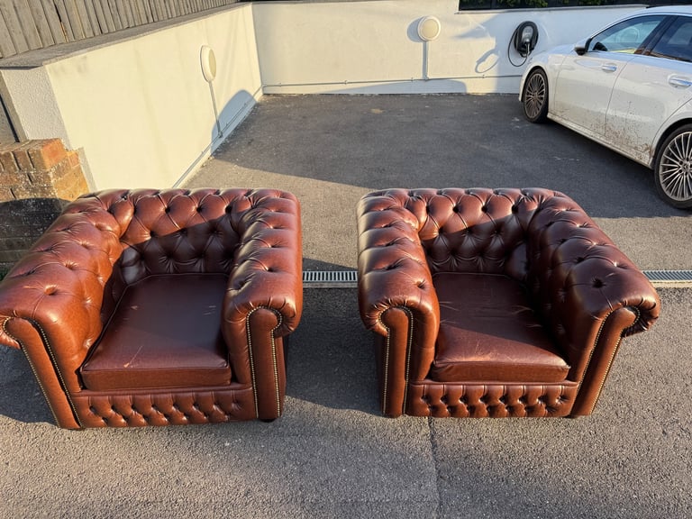 Pair of chesterfield faux brown leather club armchairs 