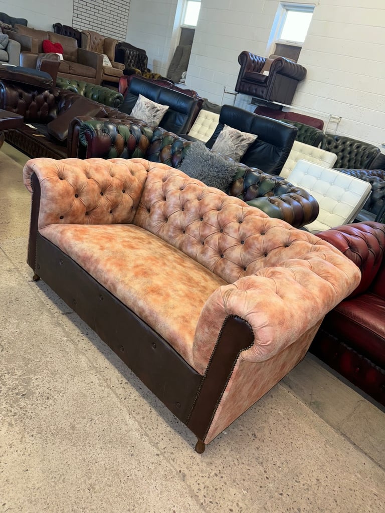 Chesterfield brown leather unique two seater sofa with footstool