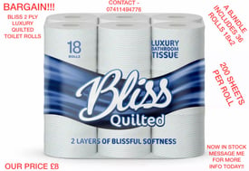 Bliss 2 ply quilted luxury bathroom tissue toilet rolls