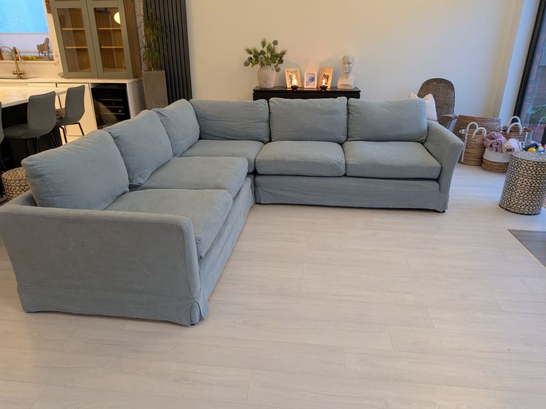 ONO..Stunning superior corner sofa, light blue quality feather filled and foam sofa