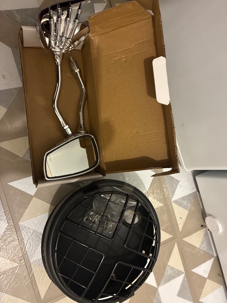 Universal headlamp housing with guard and set of universal mirrors (new)