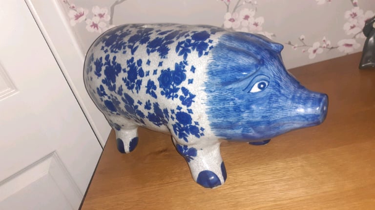 Vintage Large Piggy Bank Blue and white 