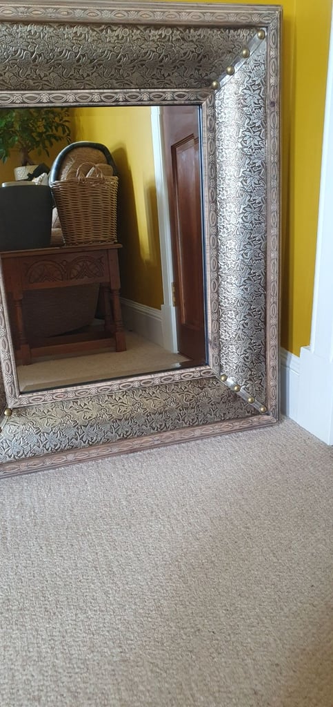 REDUCED £85.00 Large wood boxed medieval/arts and crafts style mirror