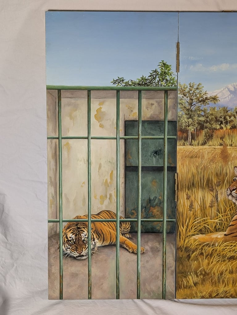 Original oil painting - Tiger Triptych, oil on hinged board, art artwork