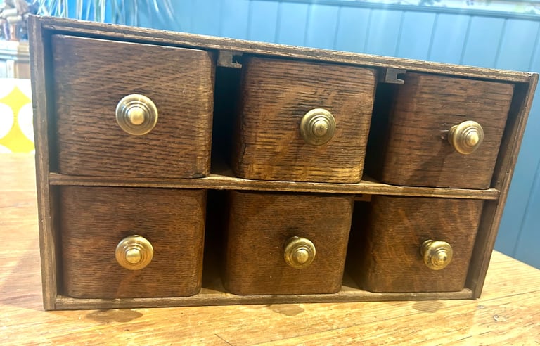 1950s oak six drawer sewing cabinet library drawer industrial antique vintage haberdashery storage