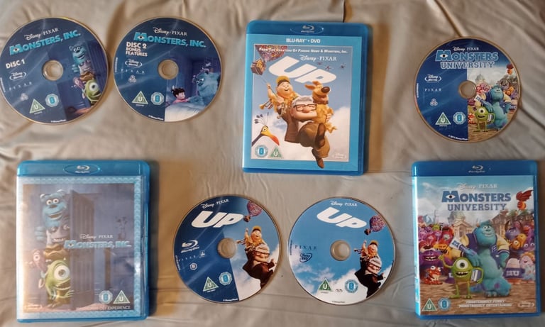 image for Monsters Inc., Monsters University, UP, 3 Blu Ray Disney Pixar 5 discs in total