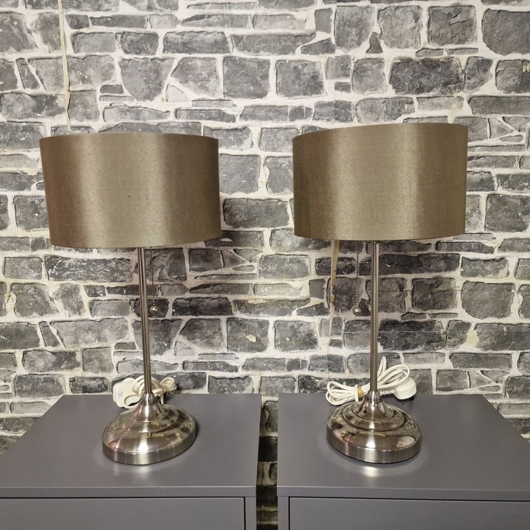 Pair of Modern Chrome Table Lamps with Brown Fabric Shades