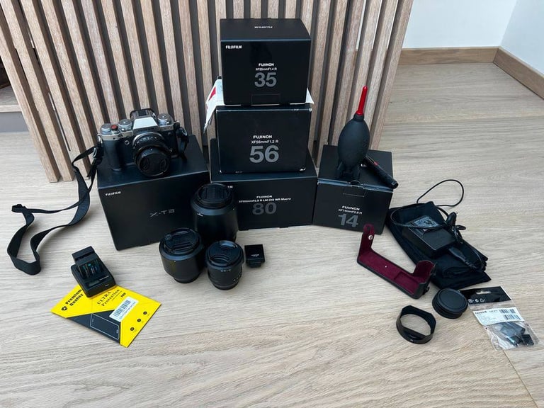 Fujifilm Fuji XT3 camera with four lenses and many accessories in