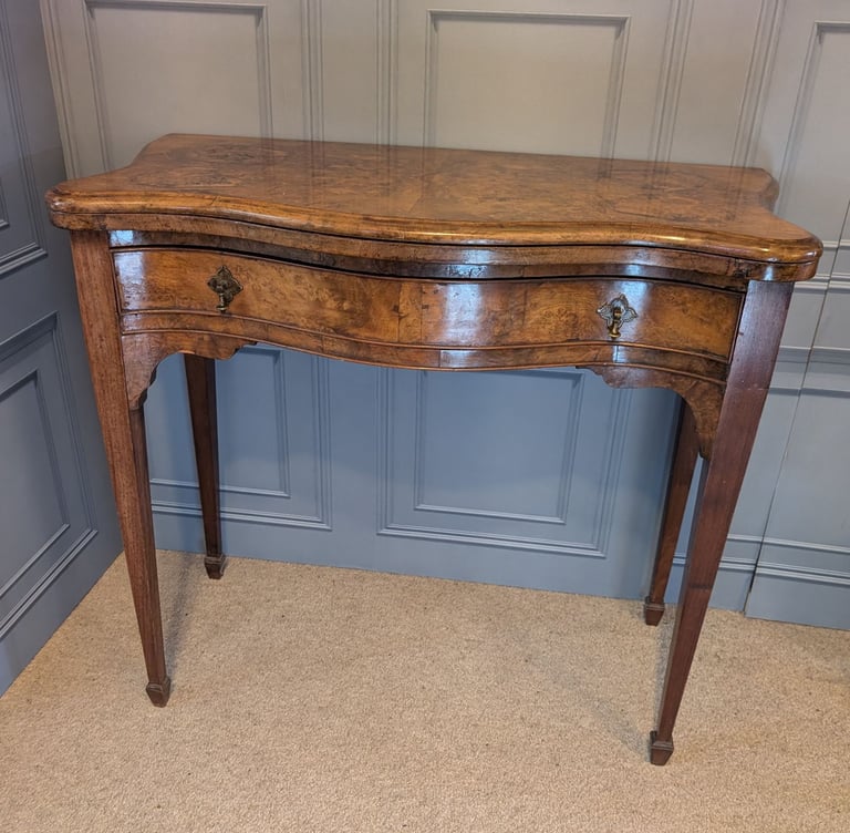 Antique Burr walnut veneer serpentine front side table