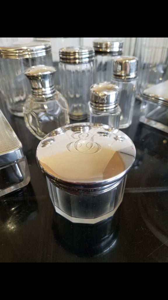 Antique Vanity Jars With Sterling Silver Lids.