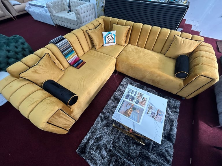 image for New Panel Lilly Mustard Plush Golden With Black Contrast Pipping Round Cushions Sofa