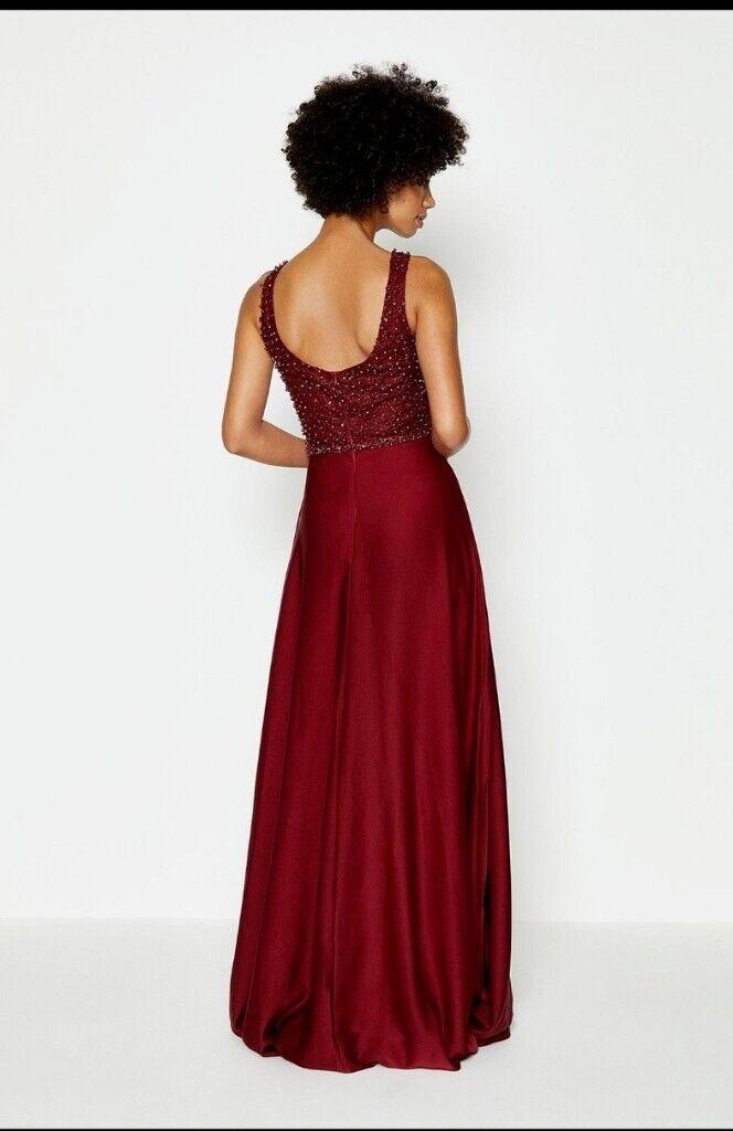 Coast Beaded Merlot Red Satin Maxi Dress Size Large BNWT
