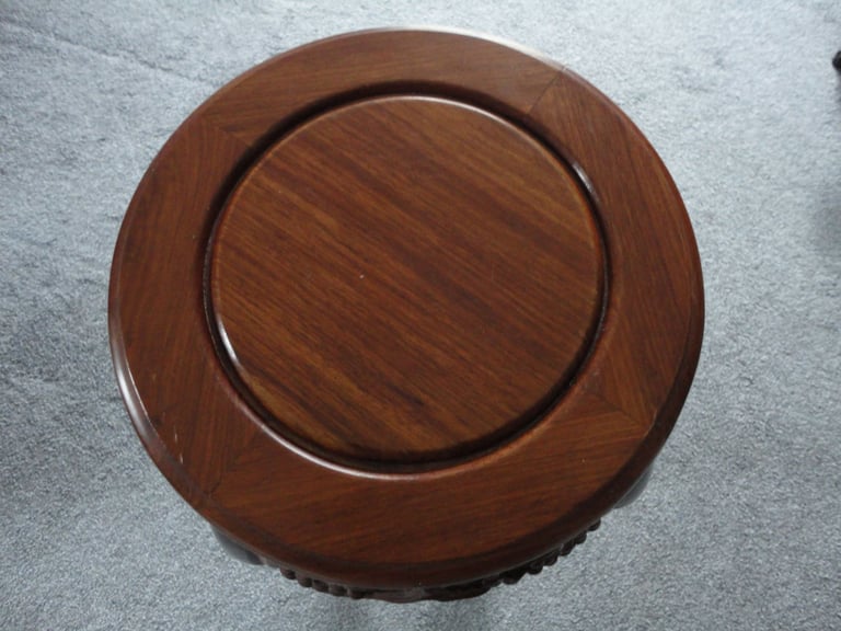 Asian hardwood chinoiserie, hand carved plant pot pedestal table, round wooden top