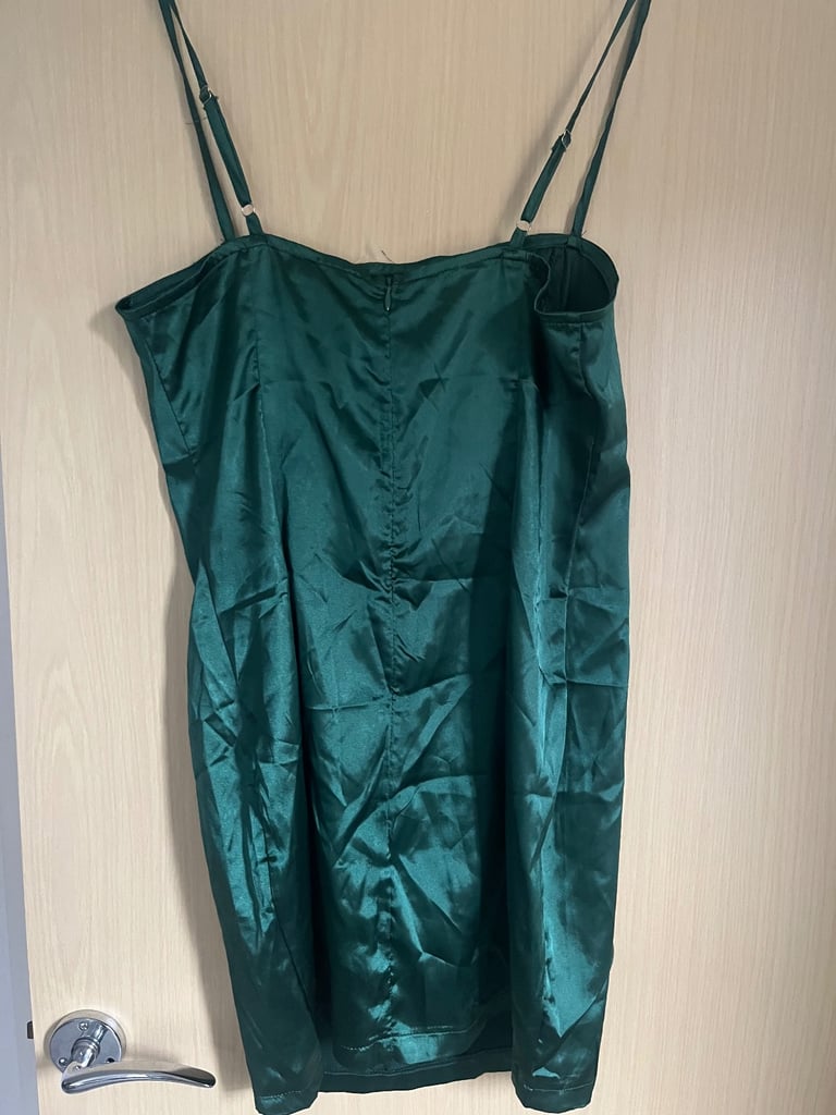 PETITE EMERALD SATIN STRAPPY STRAIGHT NECK BODYCON