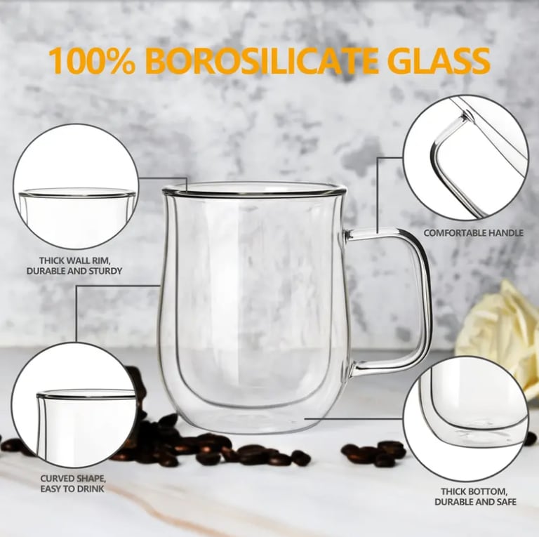 Swanfort 4 Pack Double Walled Glass Coffee/ Tea Mugs Set with Spoons (125ml) NEW