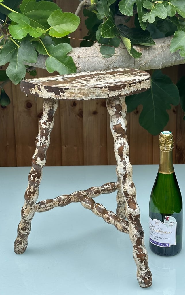 image for VINTAGE FRENCH BOBBIN LEG STOOL, DEMI LUNE TRIPOD PLANT STAND SIDE TABLE - H46cm - WILL POST!