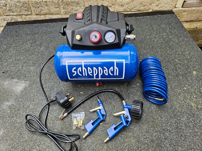 Small Mains Air Compressor, hose, tyre inflator, blow gun + accessories.