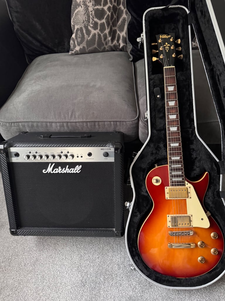 Vintage V100 Cherry Sunburst Electric Guitar w/ Gator case & Marshall MG30CFX Amp