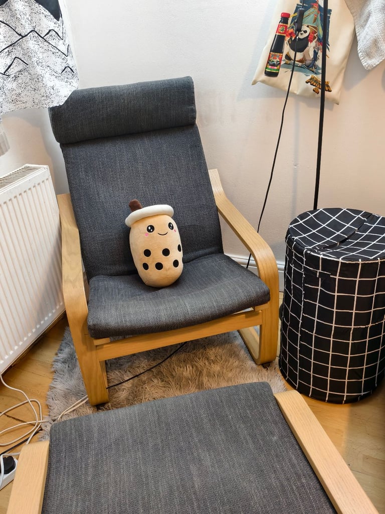 IKEA light grey armchair + footstool