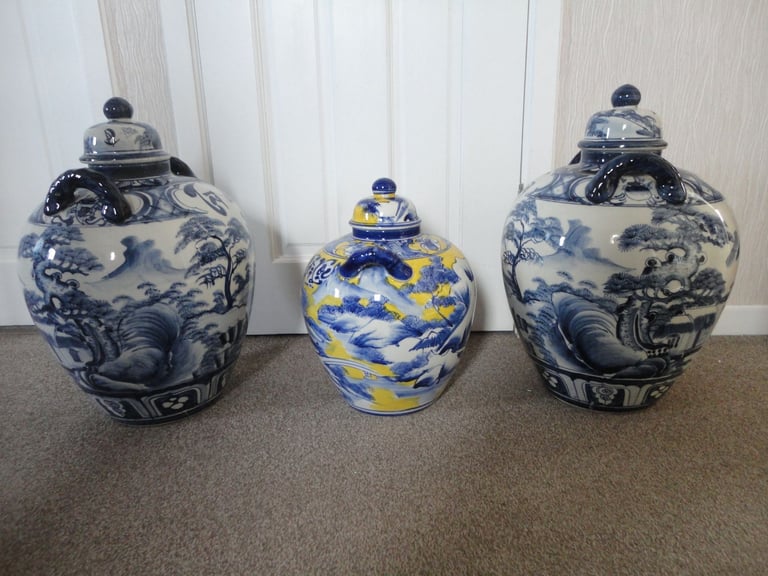 image for Bat trang vietnam pottery storage pots x 3