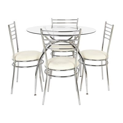 Argos glass round table and 4 cream chairs