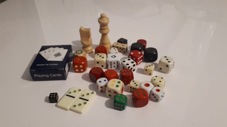 image for Old Vintage Poker Dice + Mini Playing Cards + Chess pieces + Domino, collectables