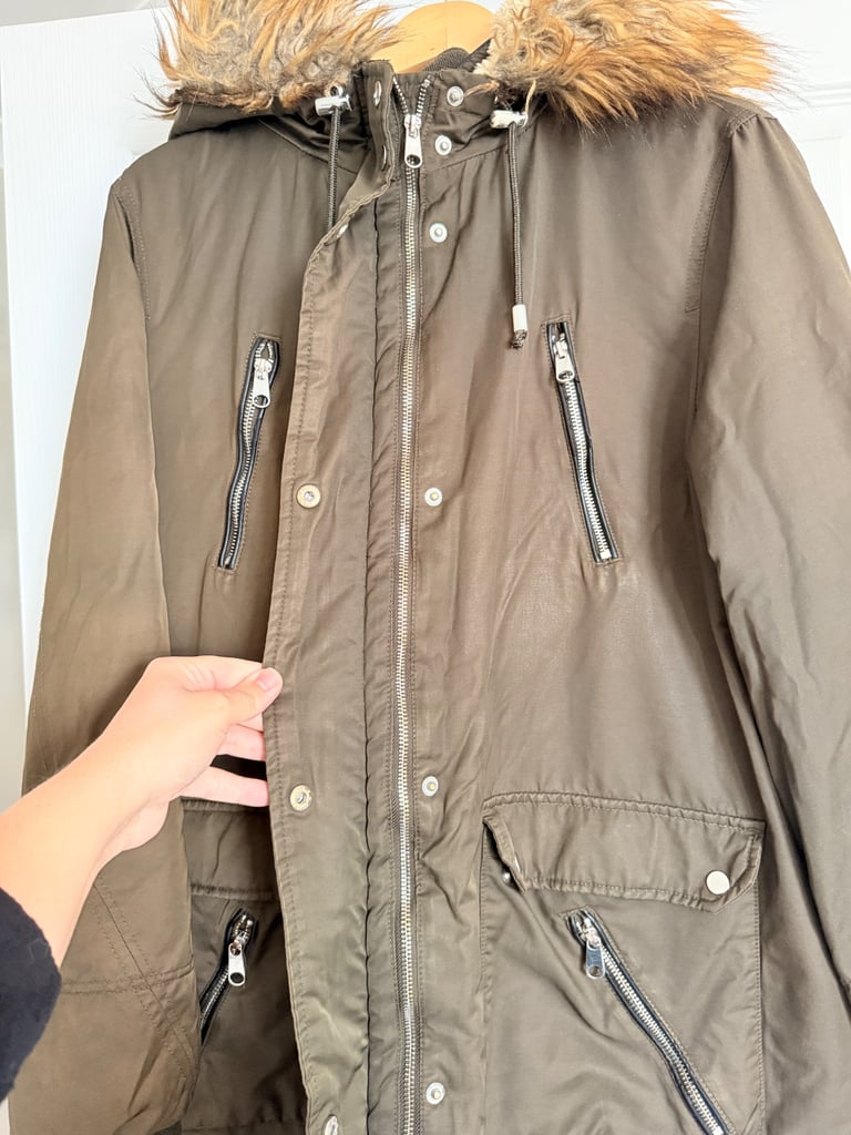 F&F - Olive Green Parka Coat with Faux Fur Hood - Size UK 22