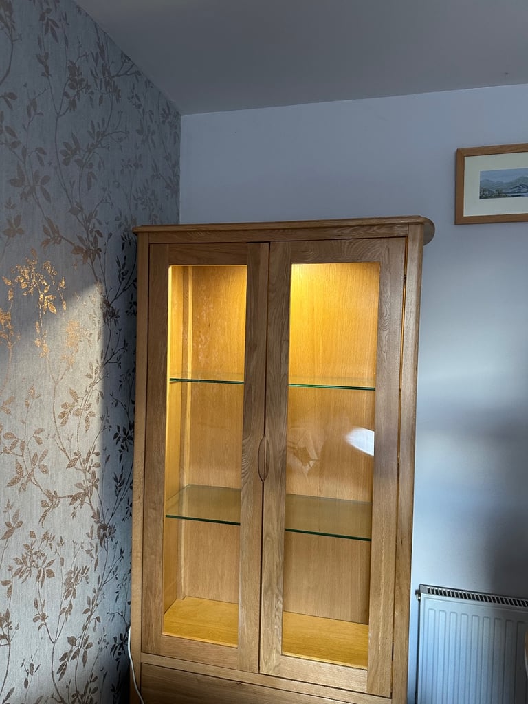 image for Solid Oak Display Cabinet with glass shelves and lighting