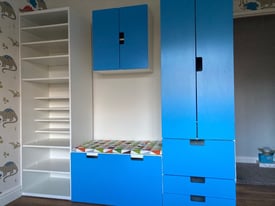 IKEA children’s wardrobe, wide drawer/seating, storage cupboard and tall shelving unit