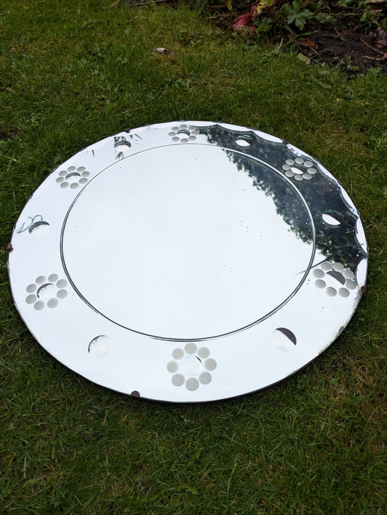 image for Mid Century Embossed Circular Floral Mirror MCM Retro