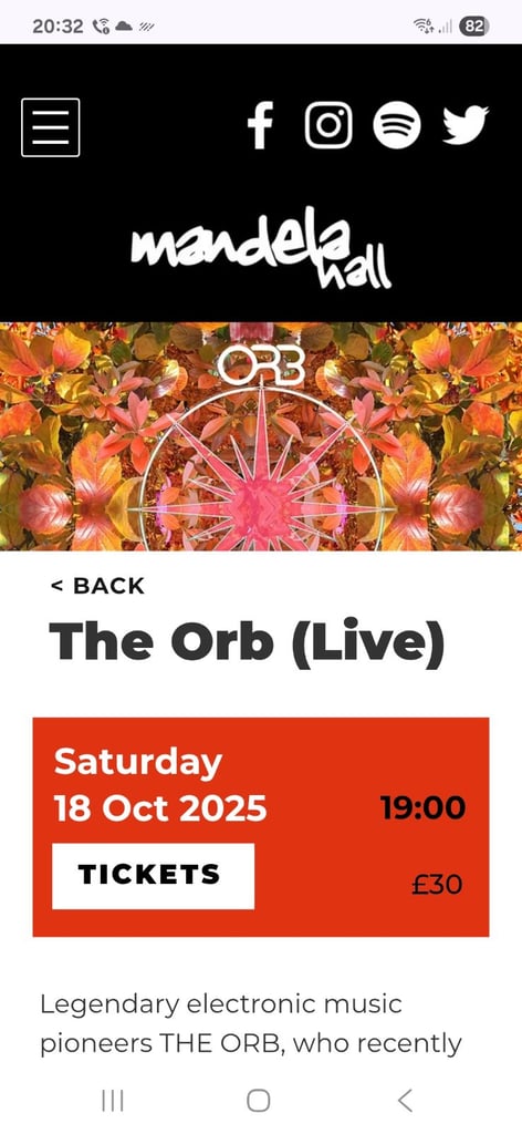2 tickets for the Orb Mandela Hall Belfast 