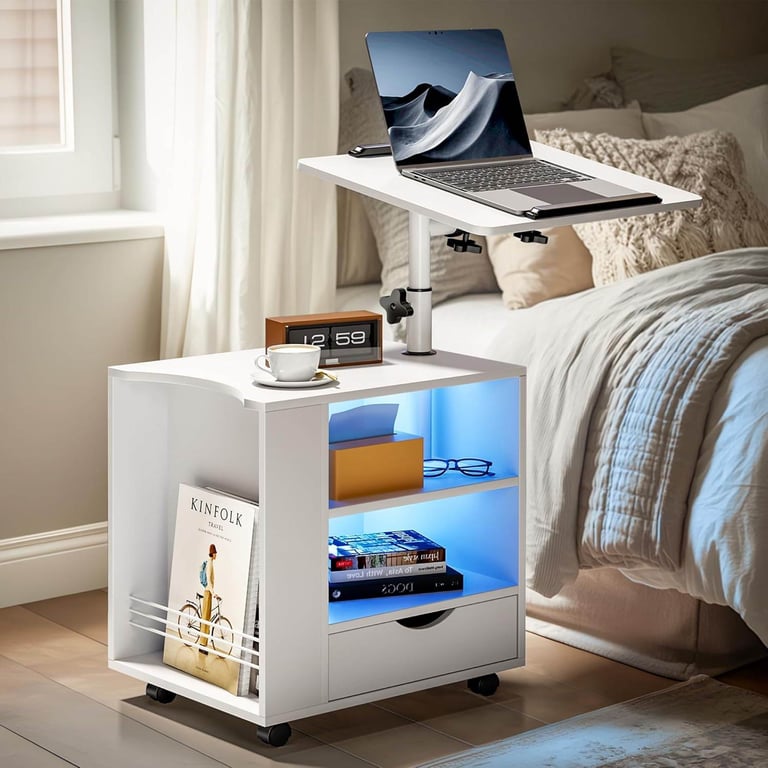 Bedside Table with LED Lights, Nightstand Side Table with Drawers