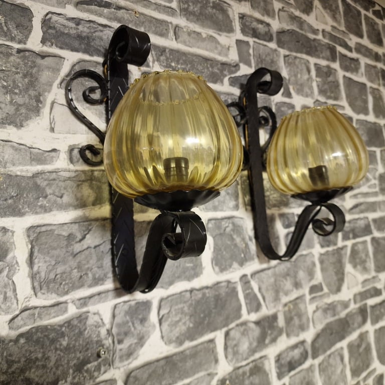Pair of Vintage Wrought Iron Wall Sconces with Amber Glass Shades