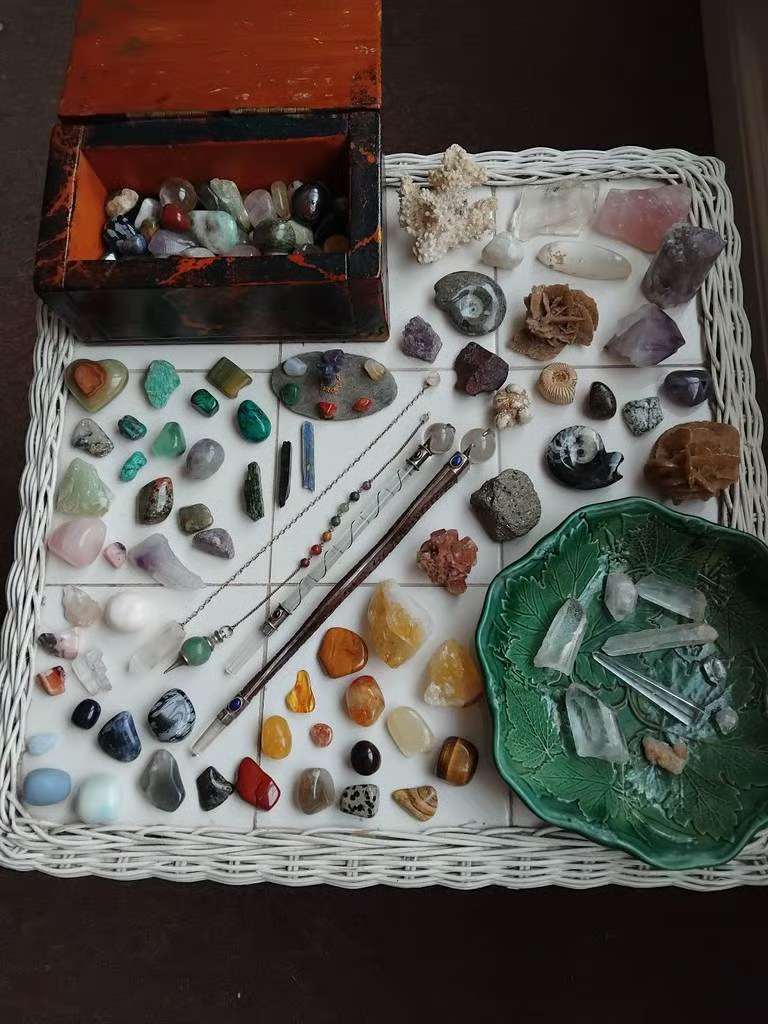 image for A Large Amount of Crystals, Some Natural, and Tumblestones, 2 Crystal Wands, and 2 Crystal Pendulums