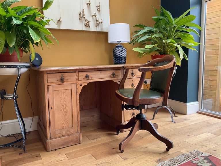 image for Antique pine desk and oak desk chair