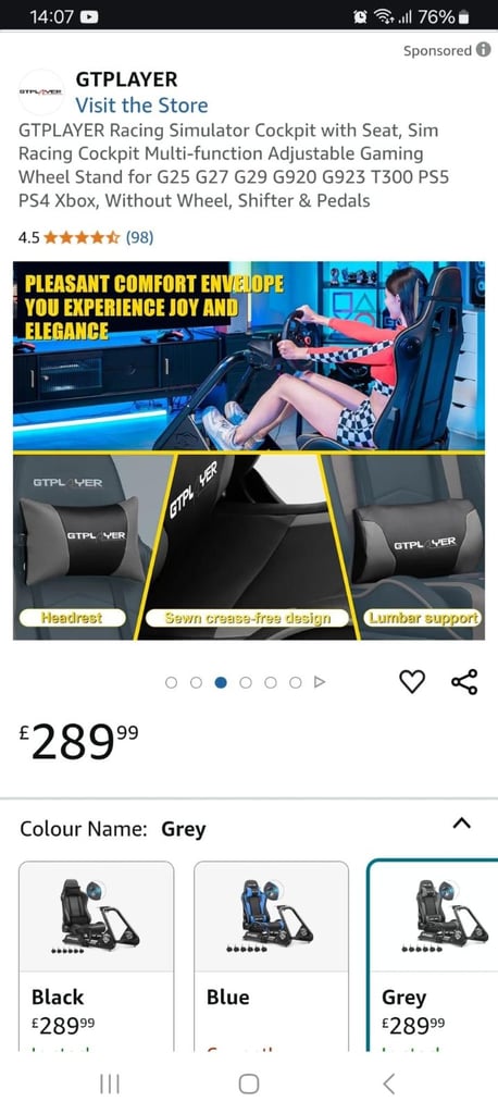 GTPLAYER Racing Simulator Cockpit with Seat Adjustable Gaming Stand G25 G27 G29