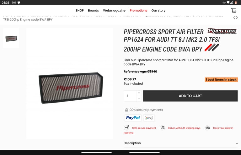 image for Audi tt mk2 2.0 PIPERCROSS AIR FILTER 