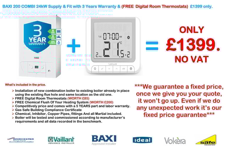 image for BAXI 400 COMBI 24KW BOILER INSTALLATION Supply & Fit With FREE Digital Room Stat