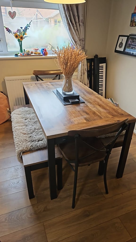 image for Industrial style Dining Table, Chairs and Bench set