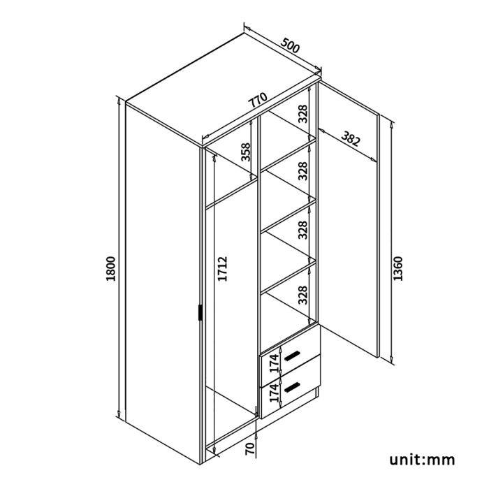 New 2 Drawers 2 Doors White Free- Standing Wardrobe With Large Hanging Space RRP £225 Our Price £185