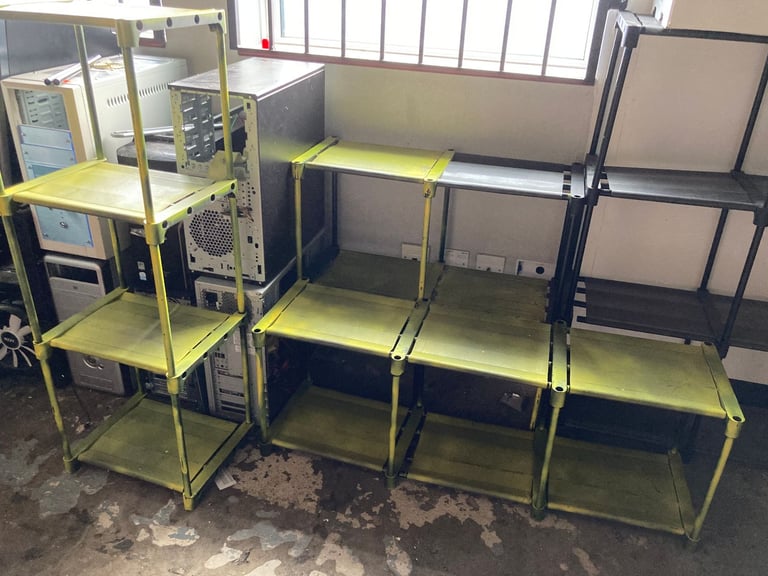 FOUR PLASTIC/MATERIAL DISPLAY STANDS GREEN/BLACK FOR SHOP RETAIL DISPLAY