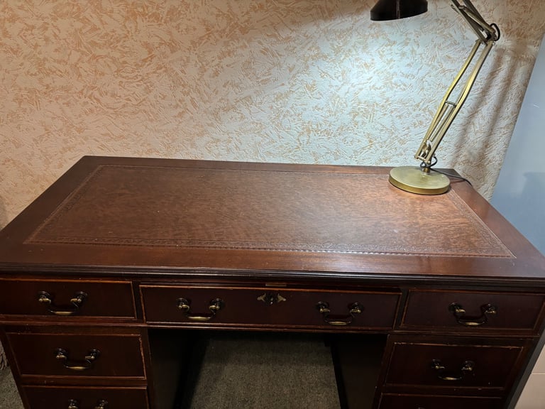 Reproduction Vintage mahogany Wood & Leather Twin Pedestal Office Desk