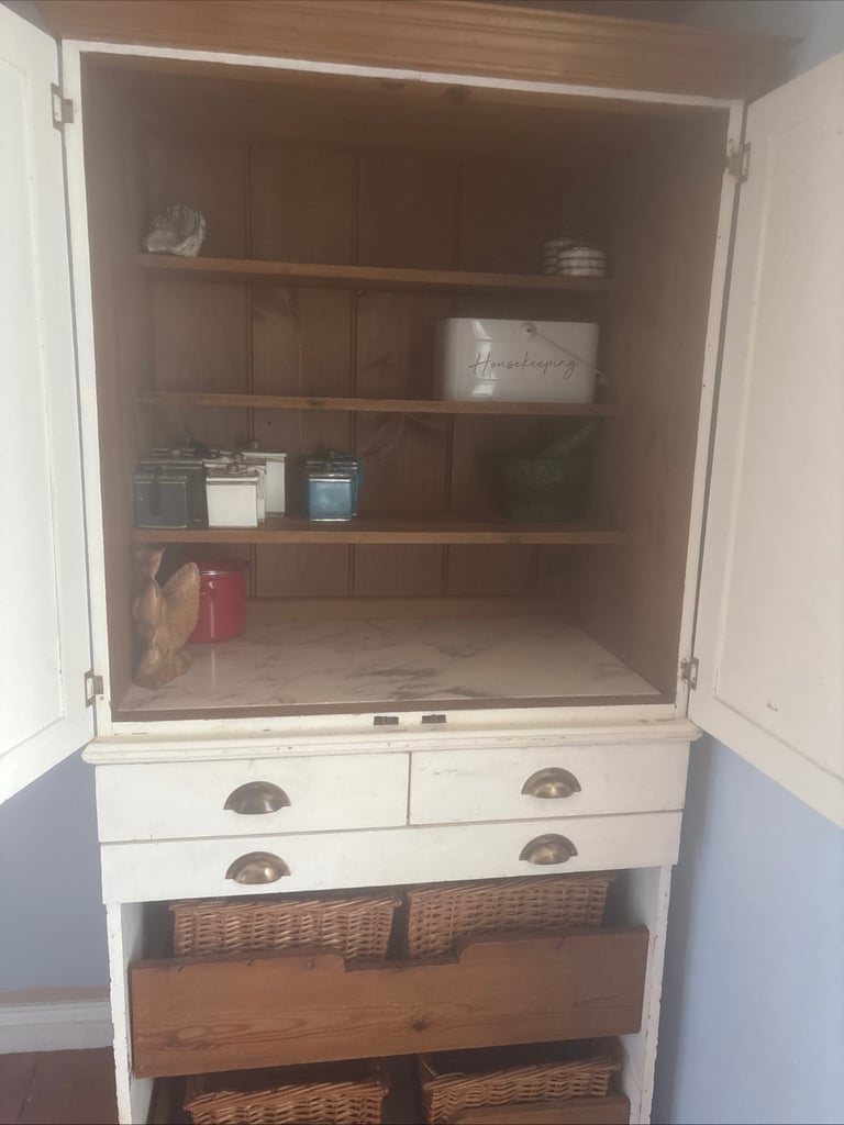 Hand built pine larder cupboard with marble shelf and basket drawers
