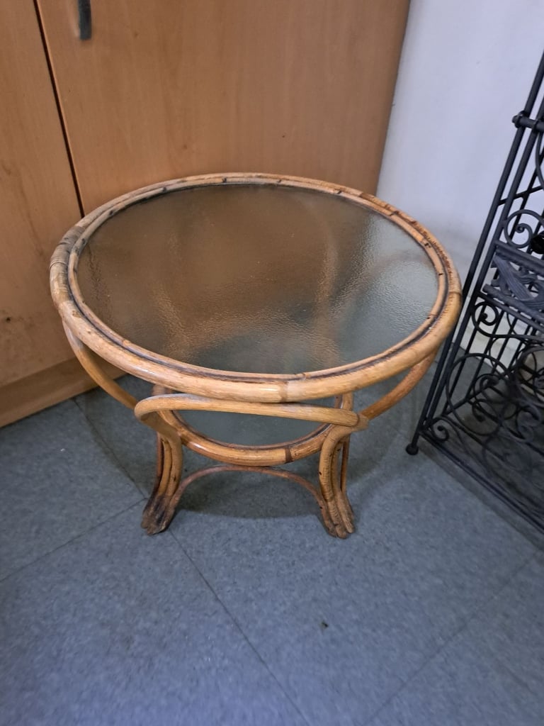 image for cane framed round table with glass top 