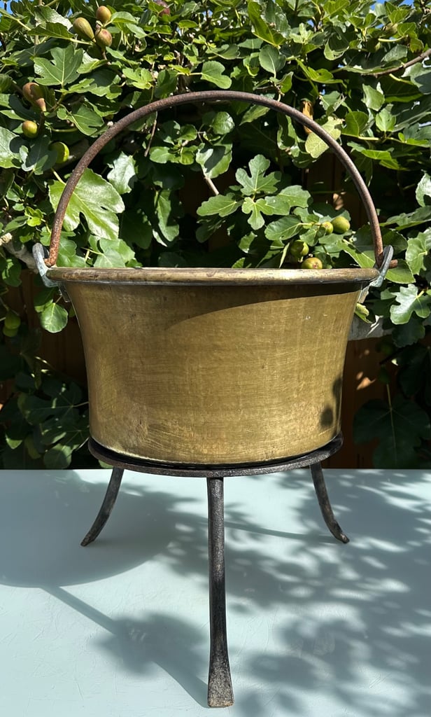 LARGE ANTIQUE FRENCH COPPER CAULDRON & STAND, LOG BUCKET, PLANTER, L58cm - 1900s - WILL POST!