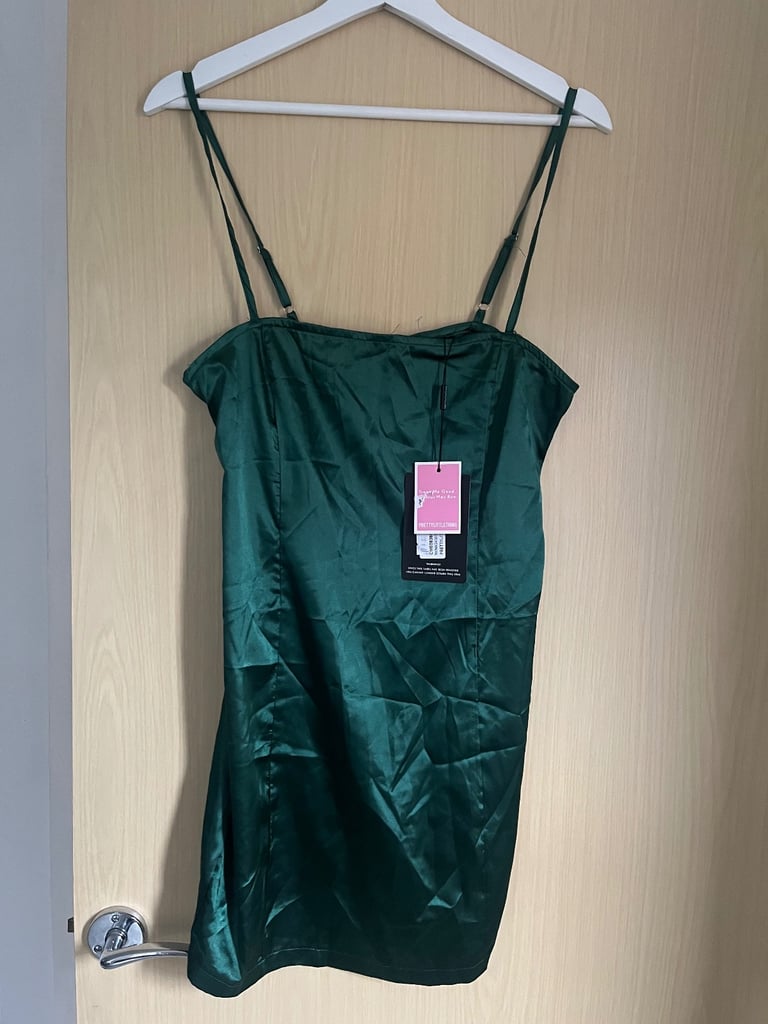 image for PETITE EMERALD SATIN STRAPPY STRAIGHT NECK BODYCON