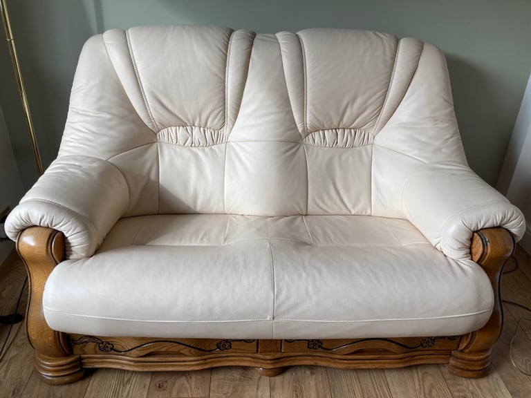 Cream Leather 2 Seater Sofa & Chair