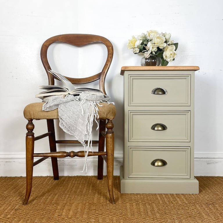 Chunky single solid pine bedside table chest of drawers painted creamy stone